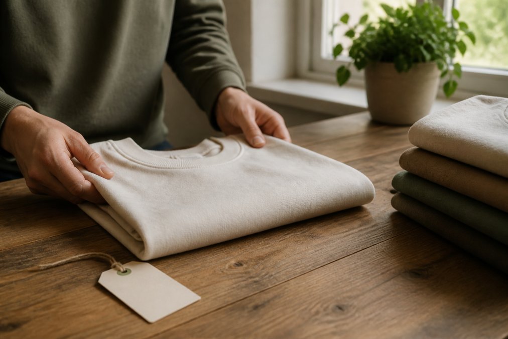 Close-up of a person's hands folding a heavyweight organic cotton t-shirt on a wooden table beside a visible certification swing tag, soft window light, warm natural tones, shallow depth of field