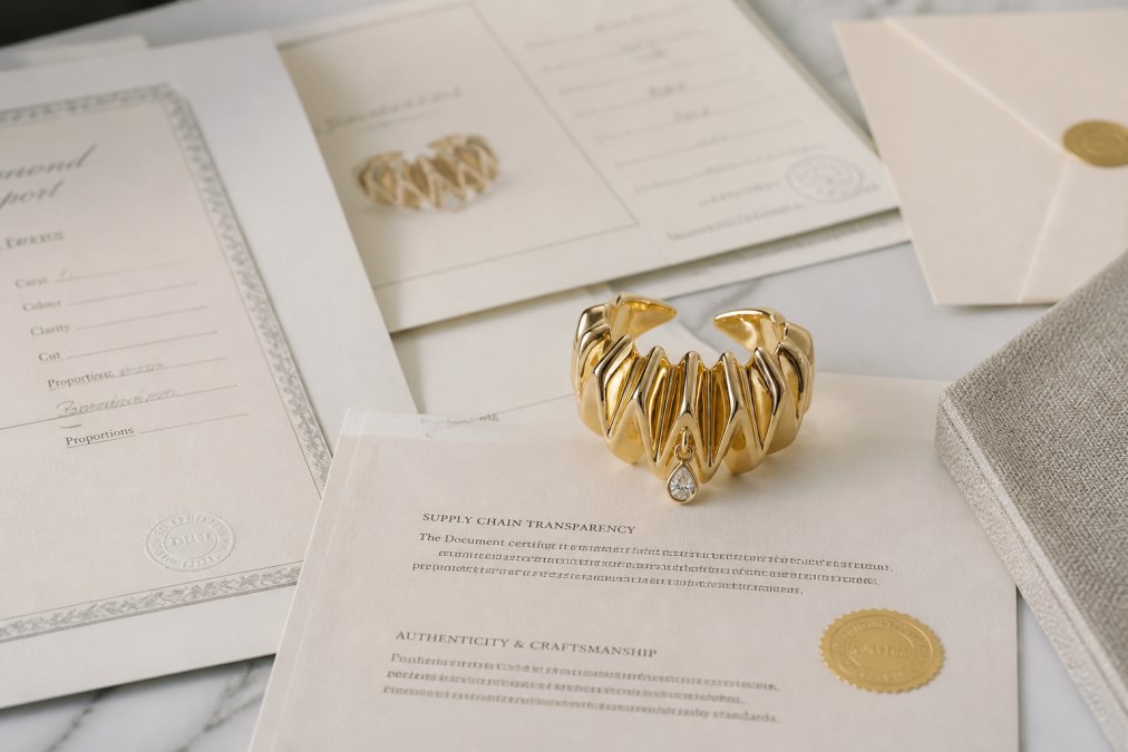 Close-up of luxury jewelry documentation and certification papers spread on a desk alongside a crafted gold jewelry piece, showing detailed traceability records, supply chain certificates, and authenticity verification materials in natural lighting