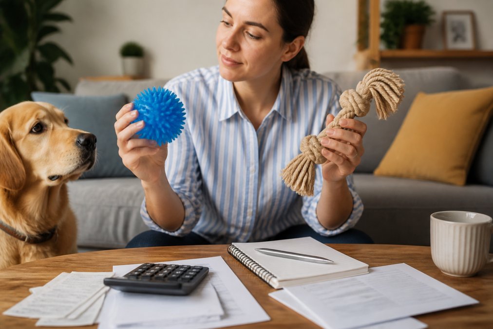 A person in a bright home setting holding two dog toys side by side, one looking mass-produced and the other handmade from natural materials, with a dog watching attentively
