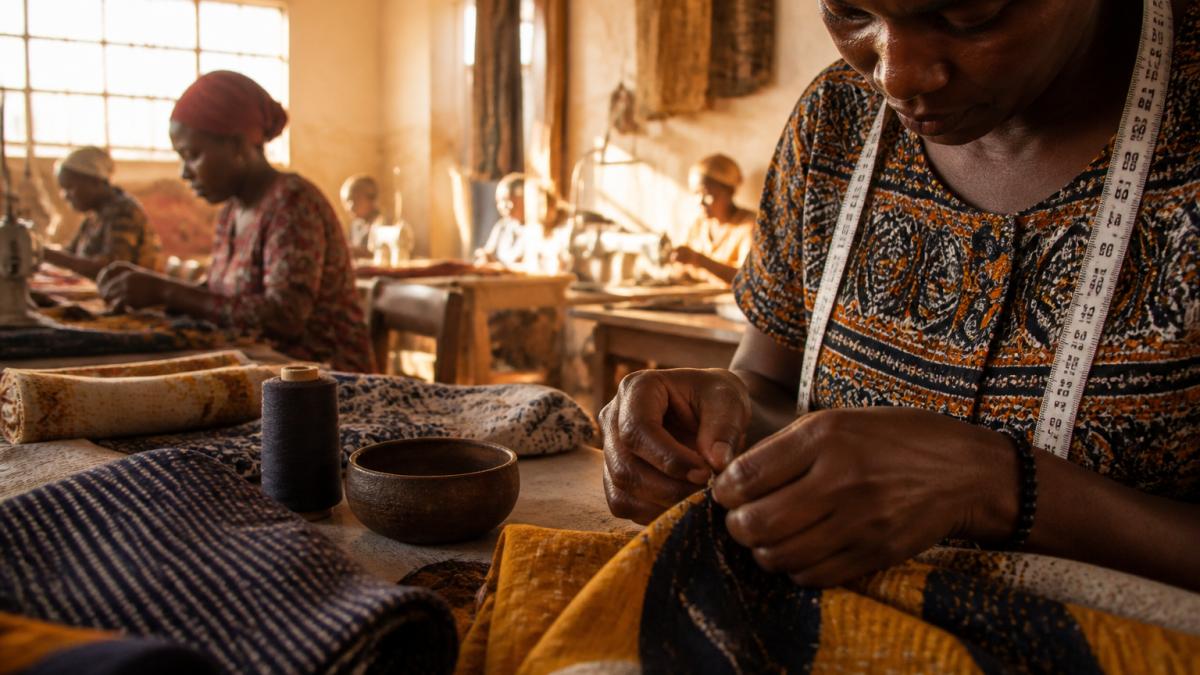 Female artisans hand-stitching and dyeing fabrics in a bright, organized textile workshop