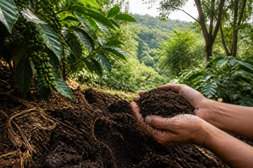 Close-up of rich, dark soil with visible organic matter and coffee plant roots, hands holding crumbly soil to show structure and health, lush green coffee plants thriving on a hillside farm under dappled shade