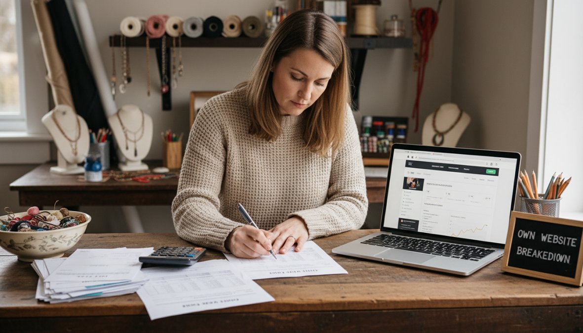 A handmade seller sitting at a wooden desk reviewing financial paperwork and a laptop showing an online store dashboard, with craft supplies and packaging materials visible in the background, warm natural light from a nearby window