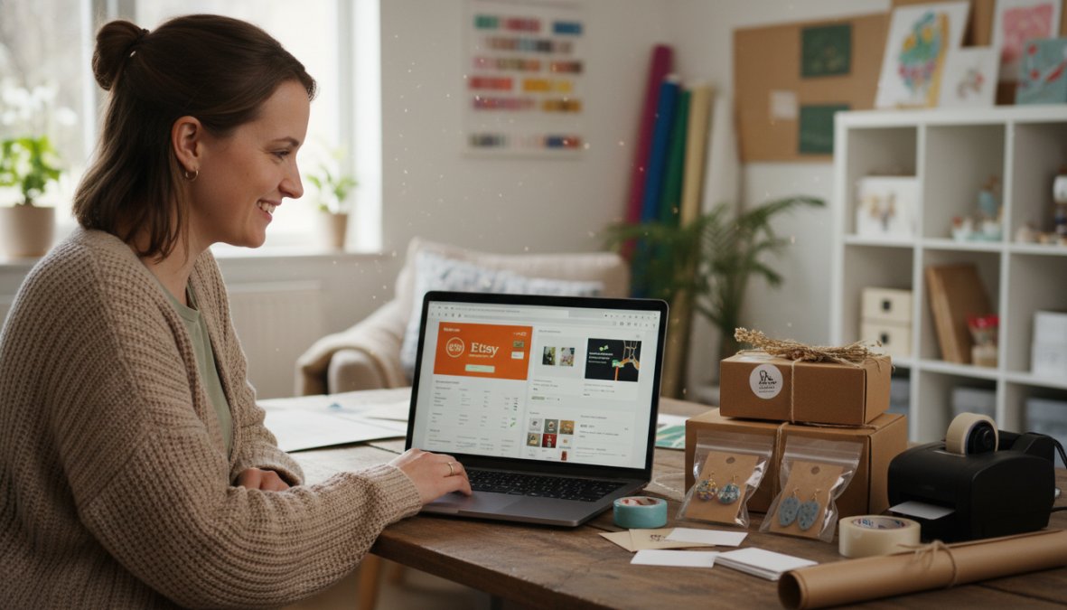 A small business owner smiling at a laptop screen showing multiple sales channel dashboards, with neatly packaged handmade products stacked on the table beside them, bright home studio setting with shelving and craft supplies visible in the background