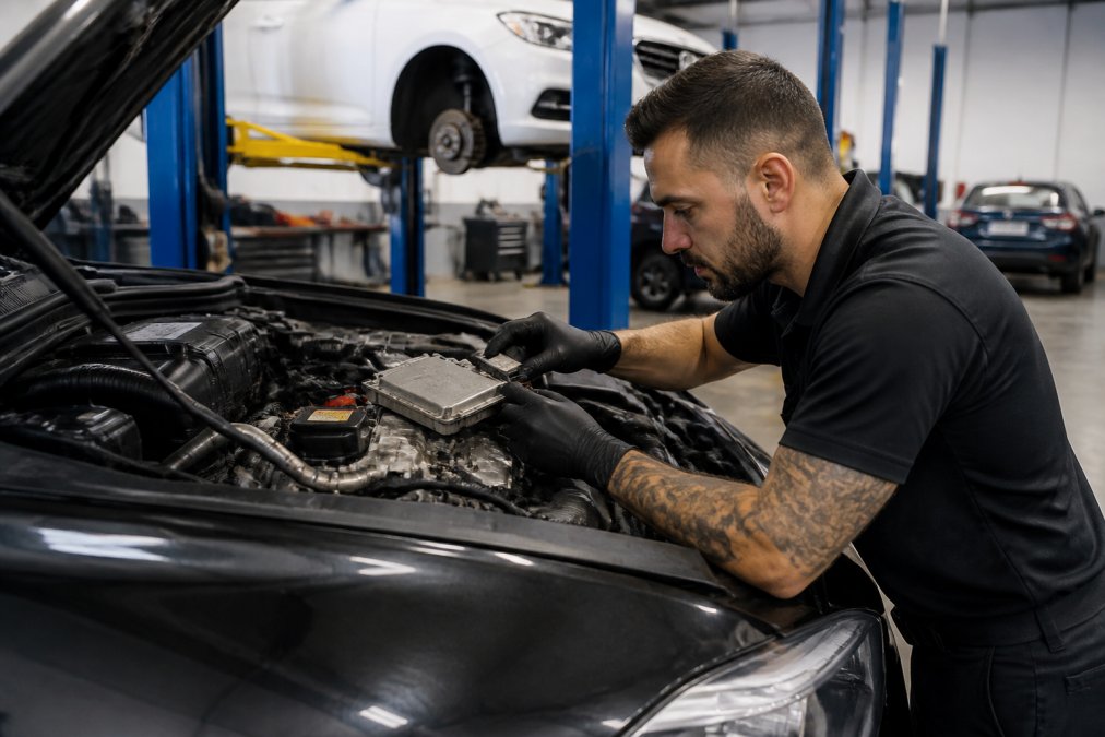 Professional technician working on vehicle's engine control module with diagnostic equipment connected, hands positioned over ECU with scan tool interface visible, modern workshop lighting