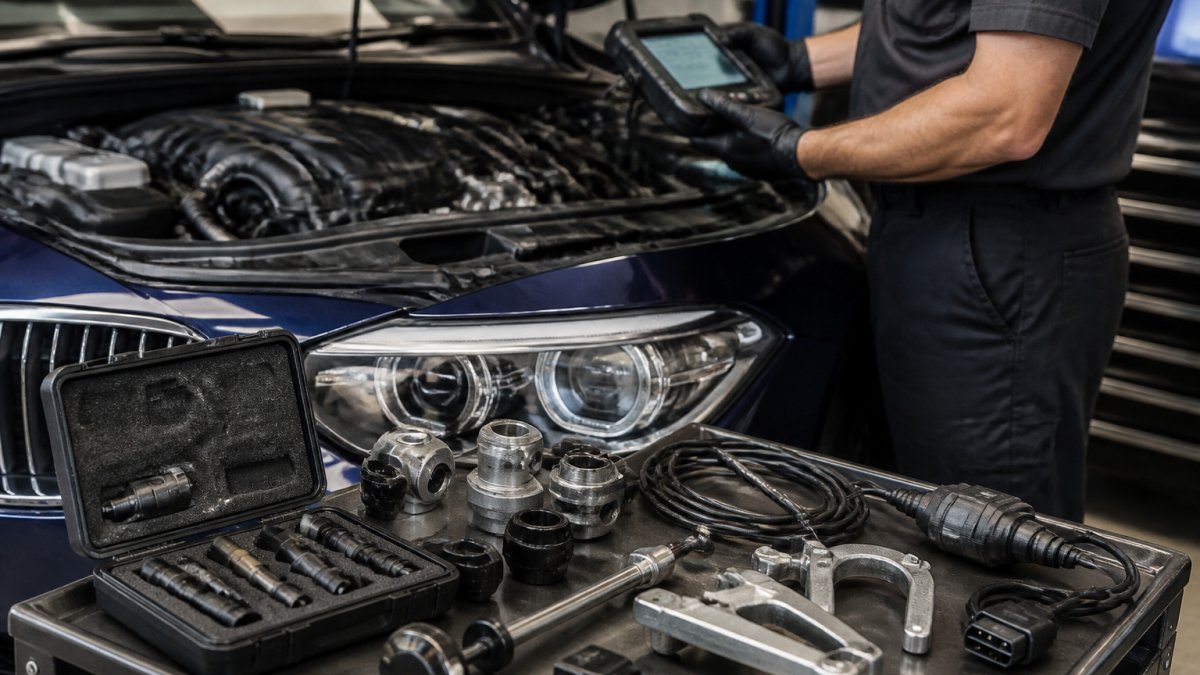 Professional technician's hands using precision diagnostic scanner on engine bay of luxury European sedan, with specialized calibration tools and manufacturer-specific equipment visible on workbench