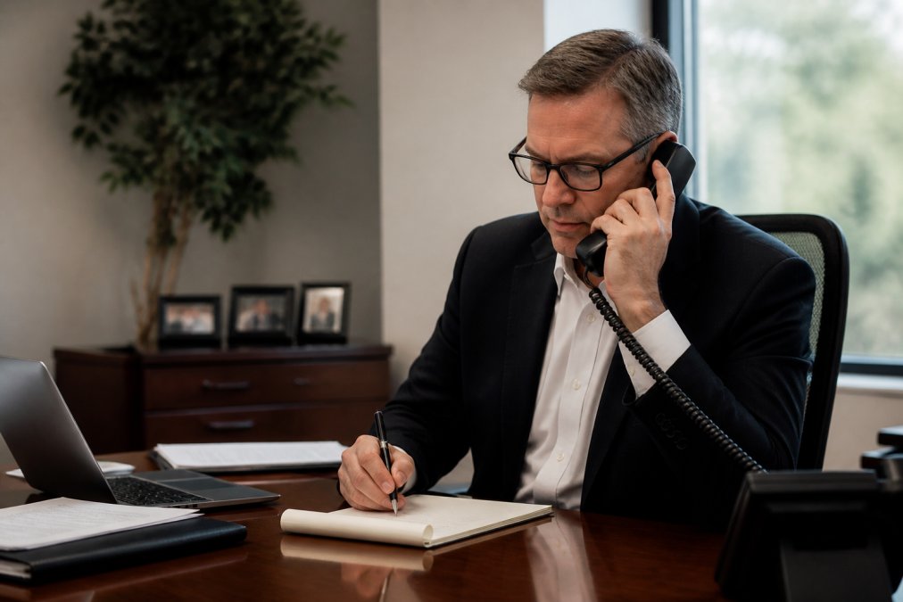 Financial advisor speaking on phone at desk with notepad and CRM dashboard visible on computer screen