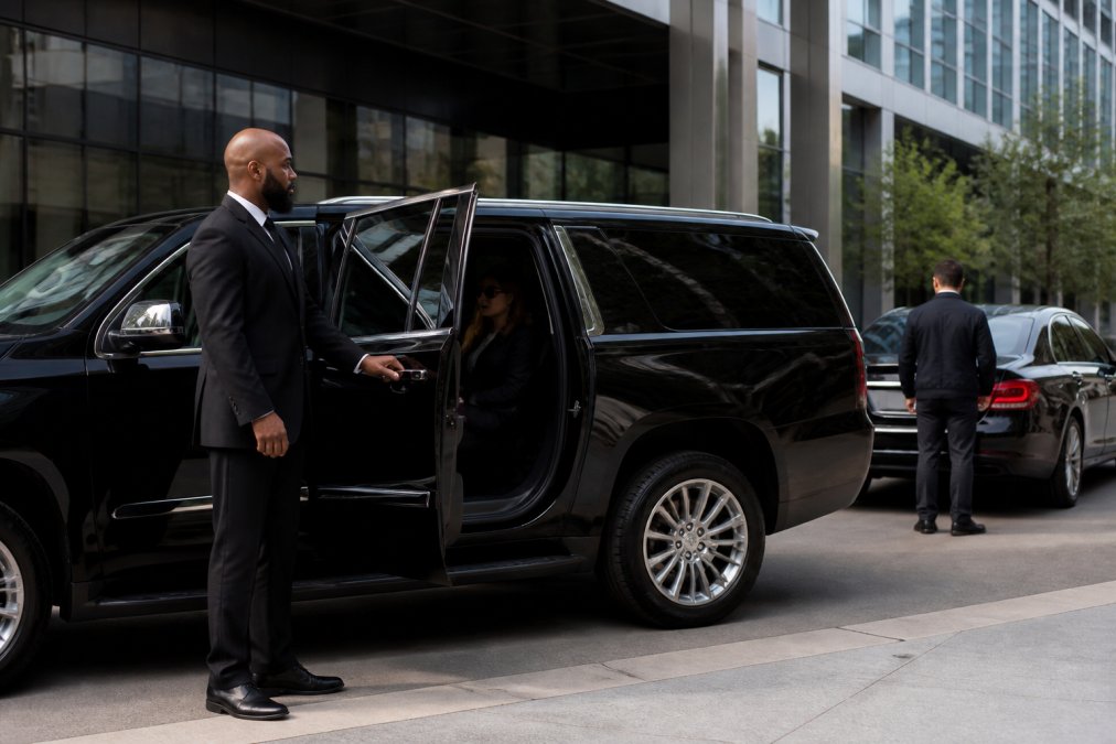Professional chauffeur in dark suit standing beside a luxury black SUV with passenger visible through tinted window, modern office building in soft focus background