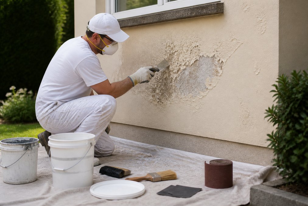 A professional painter in Toronto scraping and sanding a blistered exterior wall before repainting, wearing safety gear and work gloves in bright daylight