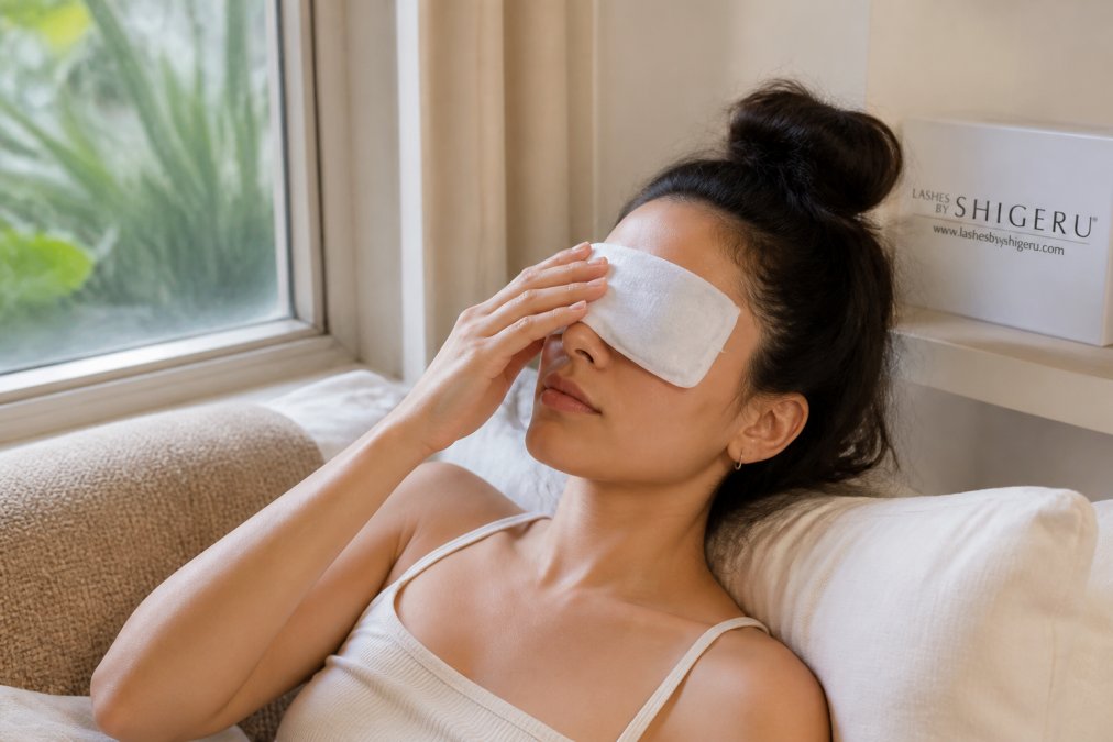 Person applying a cold compress to eye area while sitting in relaxed position at home with soft natural lighting coming through window