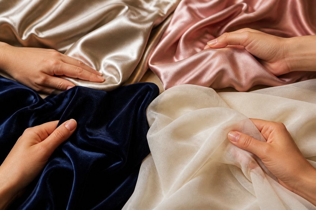 Close-up detail shots of four different fabric swatches, satin, silk, velvet, and chiffon, draped to show lustre, texture, and how light catches each fibre, with a hand gently touching to demonstrate hand-feel and texture variation