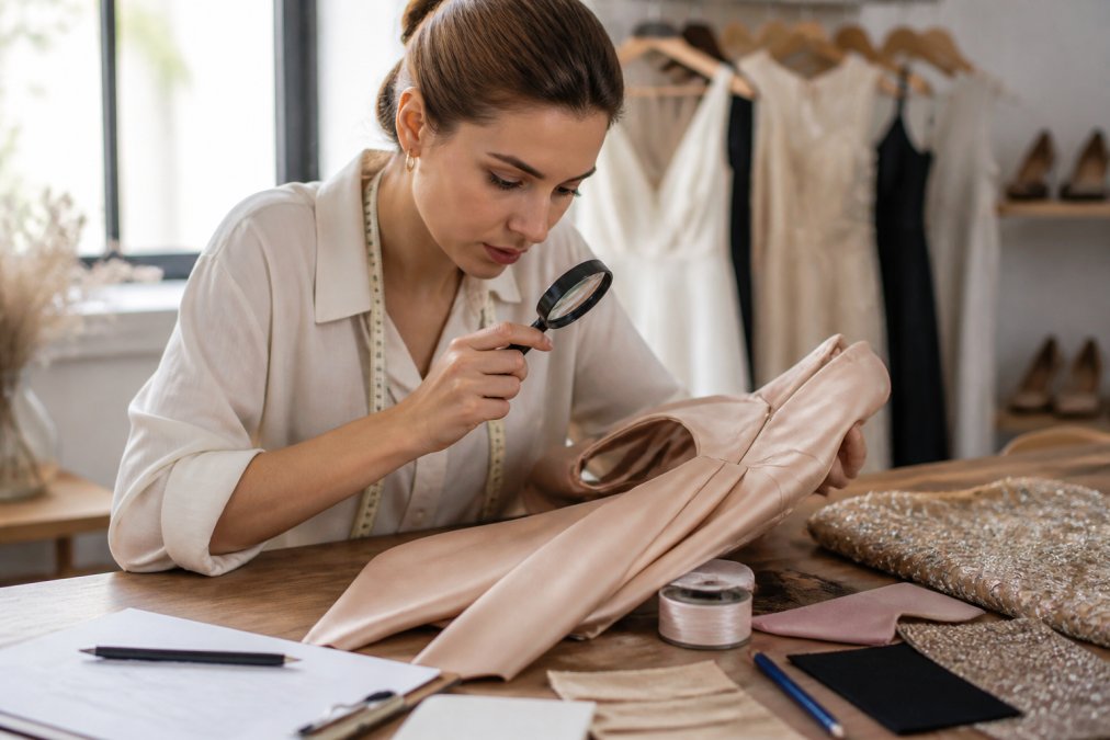 Woman examining a cocktail dress fabric closely, checking seams and weave structure with a magnifying glass, reading the fibre content label under natural daylight that highlights sheen and finish quality