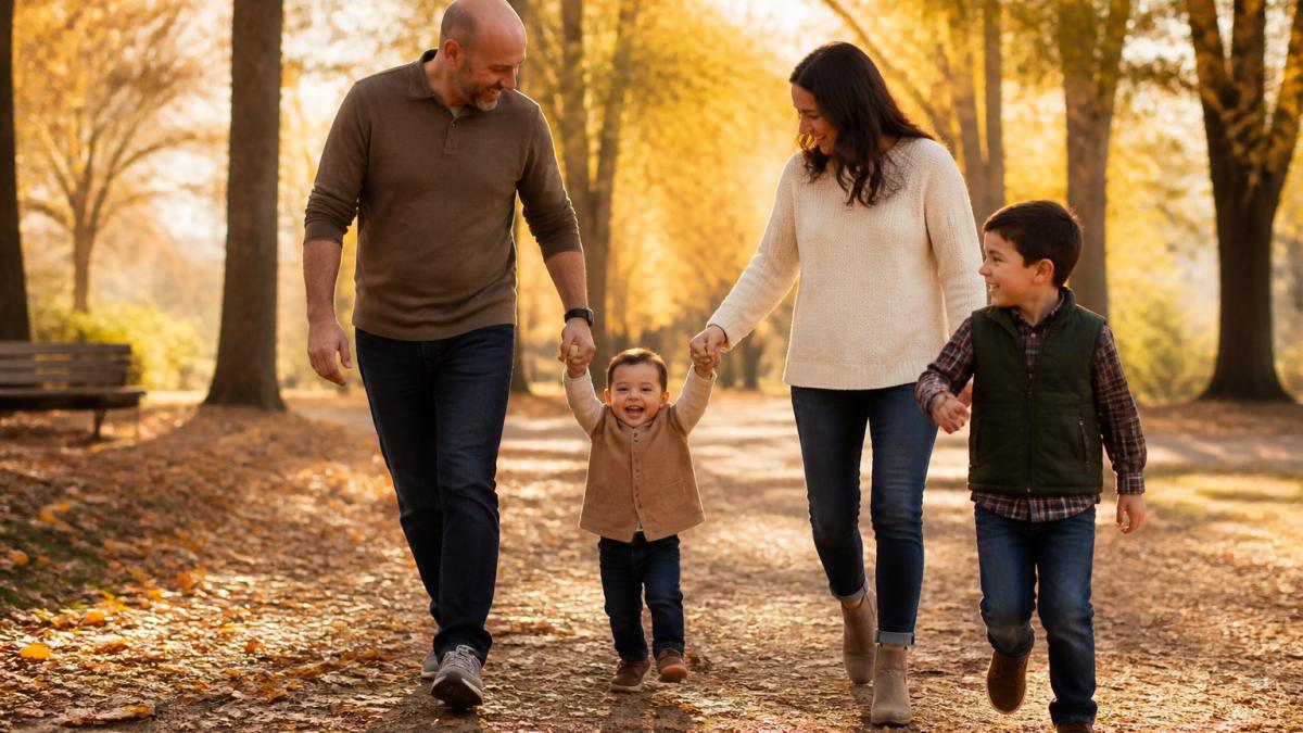Family of four laughing while walking on a tree-lined path for fall family photos in golden autumn light.