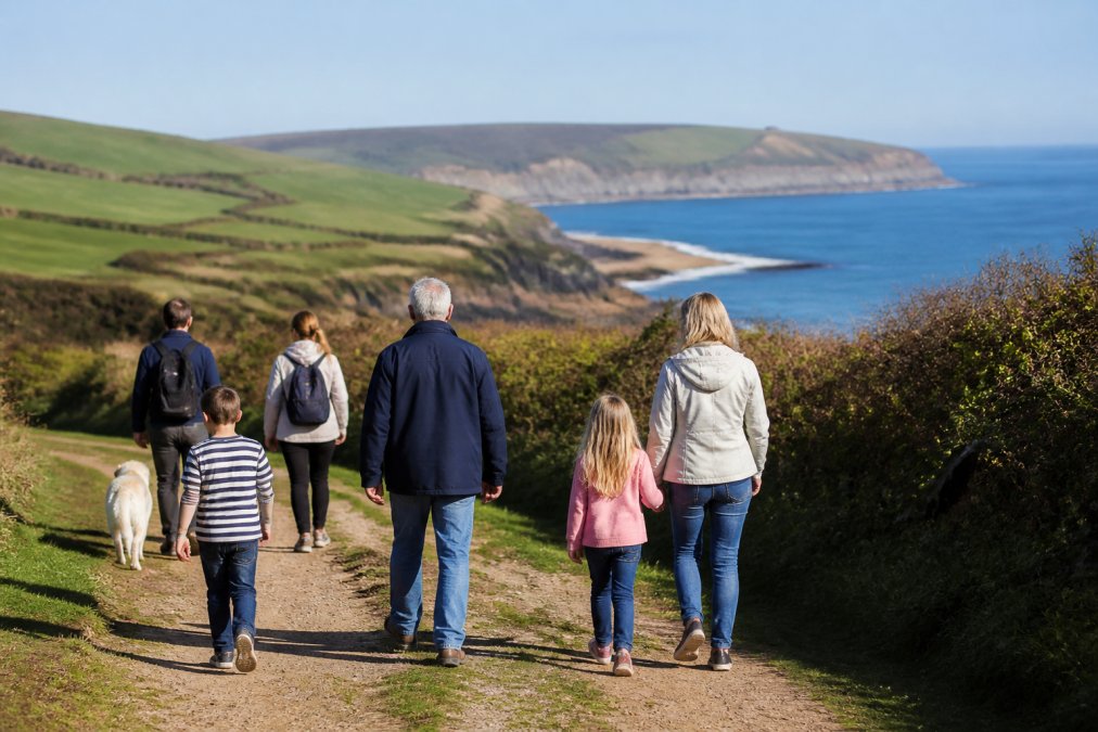 Children and adults walking together on a coastal path with rolling countryside hills and sea views in the distance, family members of different ages enjoying outdoor activities