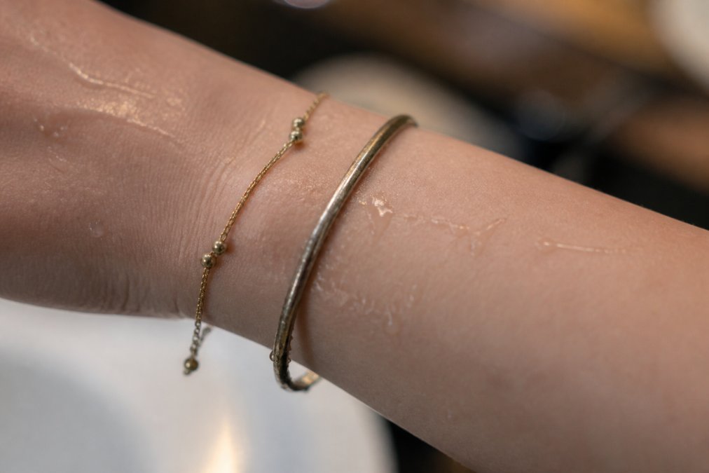 Close-up of a woman's wrist wearing delicate fashion jewelry with visible moisture droplets and slight discoloration on the metal surface, showing the interaction between skin and jewelry