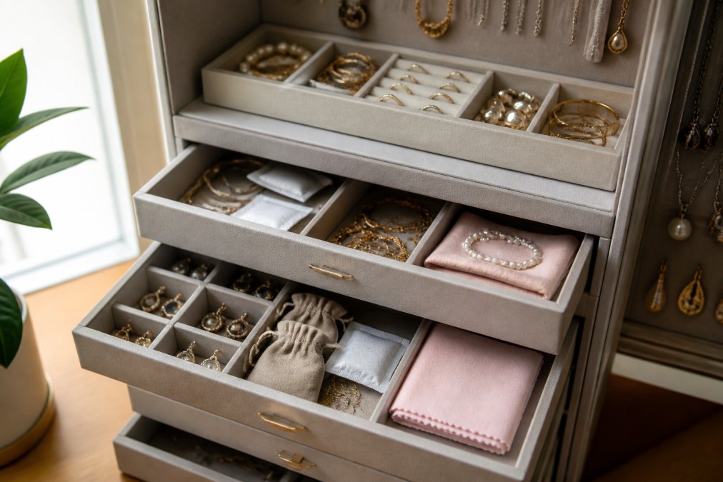 An organized jewelry storage cabinet with multiple drawers containing jewelry pieces stored in compartments, anti-tarnish cloths visible, and silica gel packets placed strategically, demonstrating proper storage setup