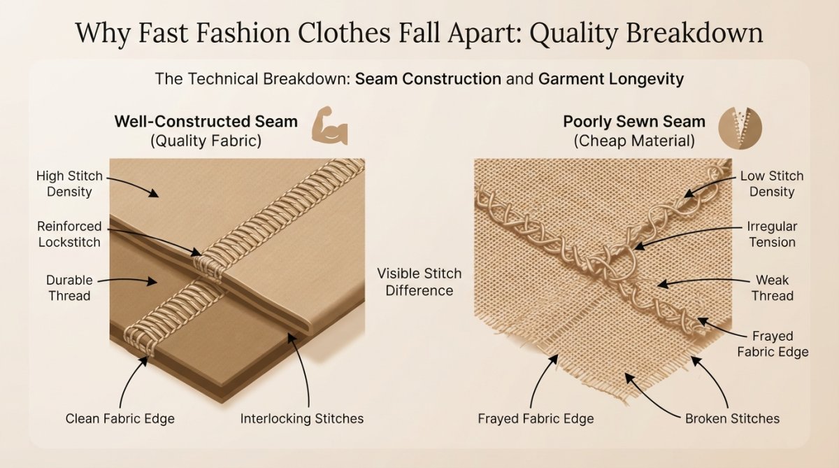 Professional illustration showing fast fashion clothes fall apart