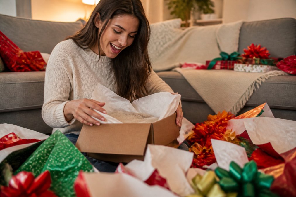 Person opening a gift box with a delighted expression, surrounded by colorful wrapping paper and ribbons in warm indoor lighting