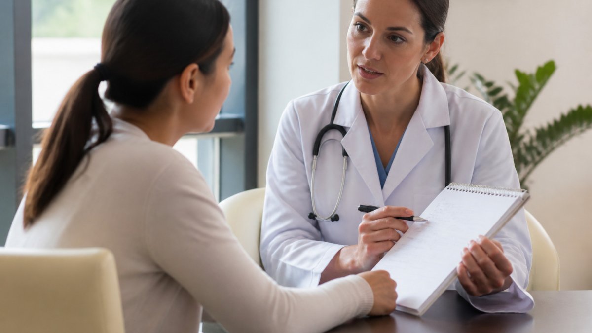 Patient sitting across from a physician in a bright office to review a list of symptoms together during a consultation