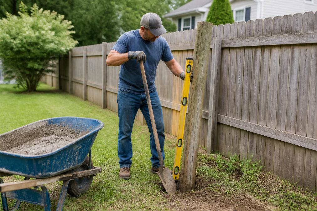 A homeowner in work clothes using a level and shovel to straighten a leaning wooden fence post, with a wheelbarrow of concrete mix nearby in a residential backyard