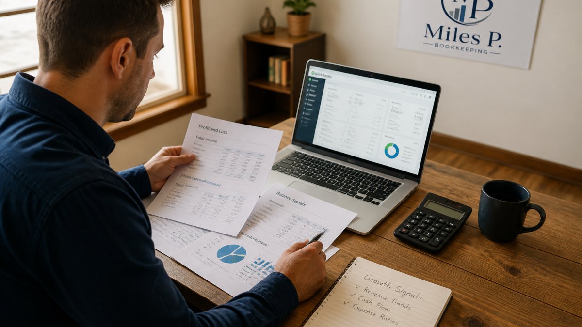 A small business owner at a wooden desk reviewing printed financial statements beside a laptop showing QuickBooks, with a calculator and coffee mug nearby, warm natural light