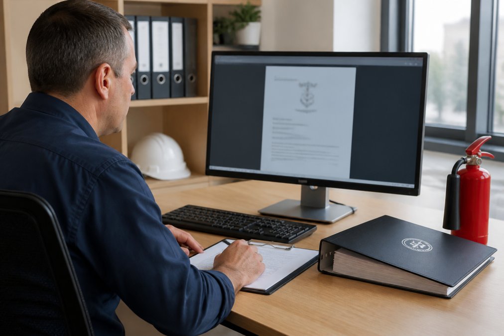 Property manager reviewing official QBSA licensing documentation on a computer screen in an office setting, with a clipboard and fire safety compliance folder visible on the desk