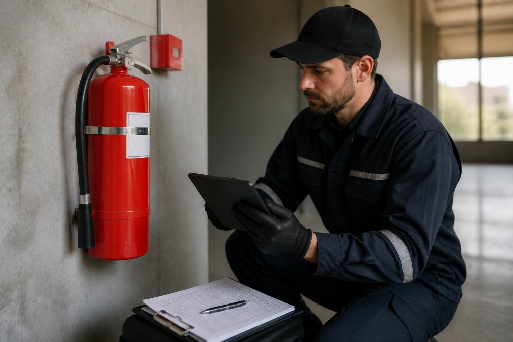 Fire safety technician inspecting a fire extinguisher on a commercial building wall, writing notes on a tablet, with maintenance records and defect documentation visible
