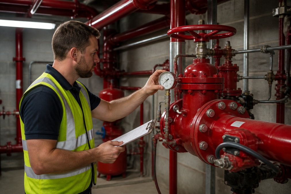 Technician inspecting a commercial sprinkler valve during routine fire suppression maintenance in a plant room