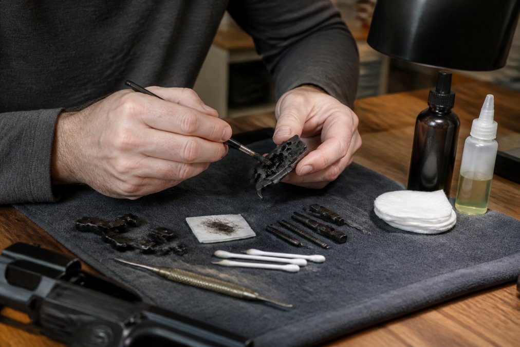 Hands performing detailed trigger group cleaning with small brush and solvent on workbench surrounded by cleaning supplies, cotton patches, and precision tools under task lighting