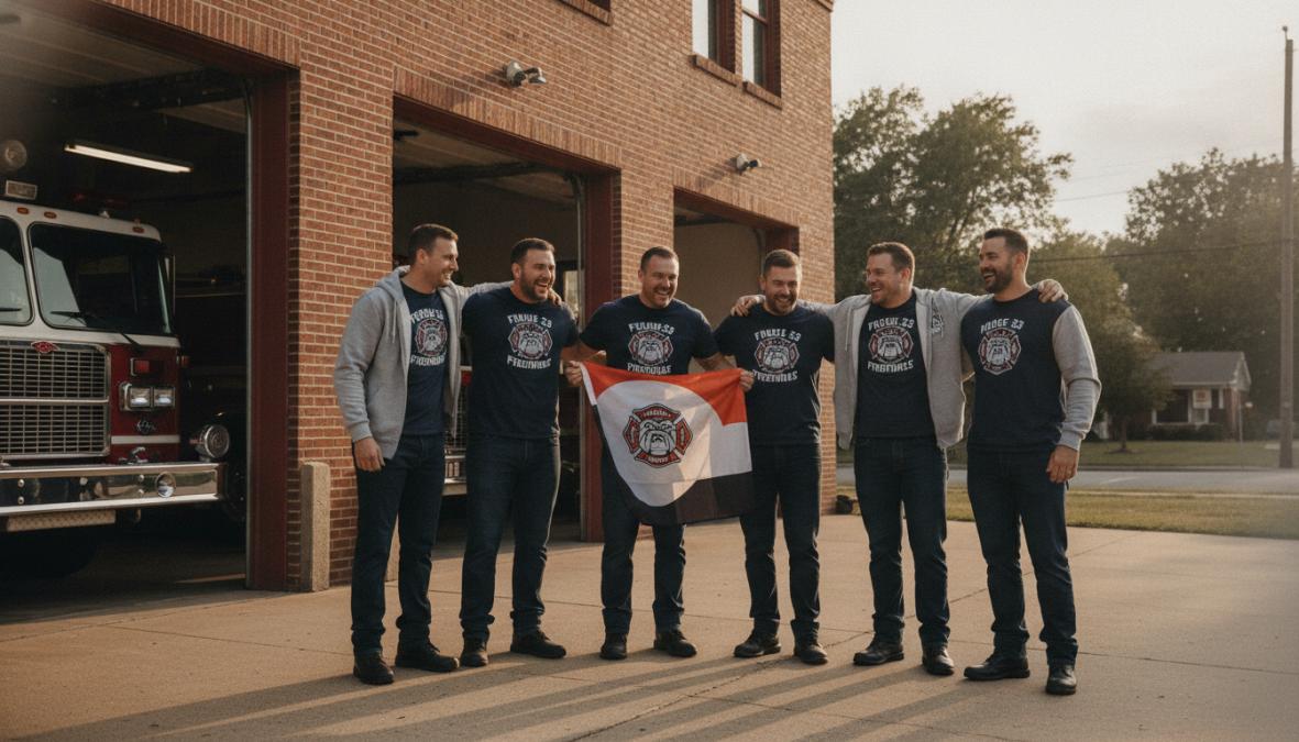 A group of firefighters in station-branded t-shirts and hoodies standing together outside a fire station, showing camaraderie and shared identity, some with crossed arms, natural daylight