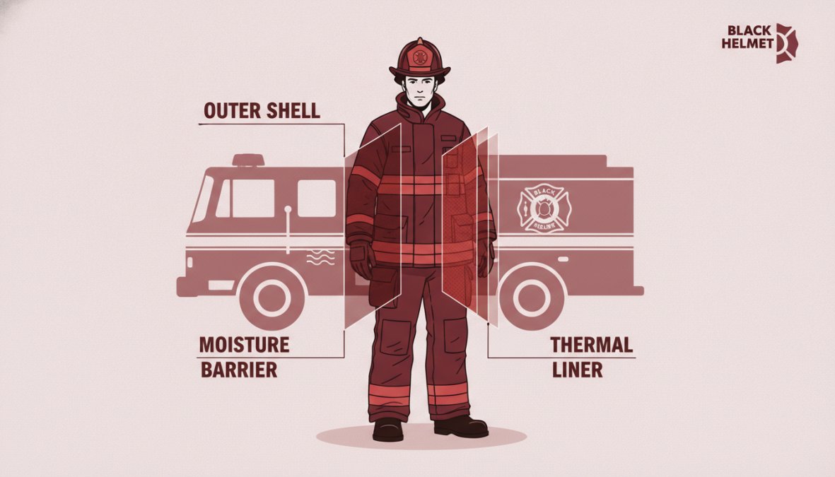 Firefighter in full turnout gear standing in front of fire truck, showing the yellow outer shell jacket and pants with visible reflective striping and multiple tool loops, demonstrating the complete protective system