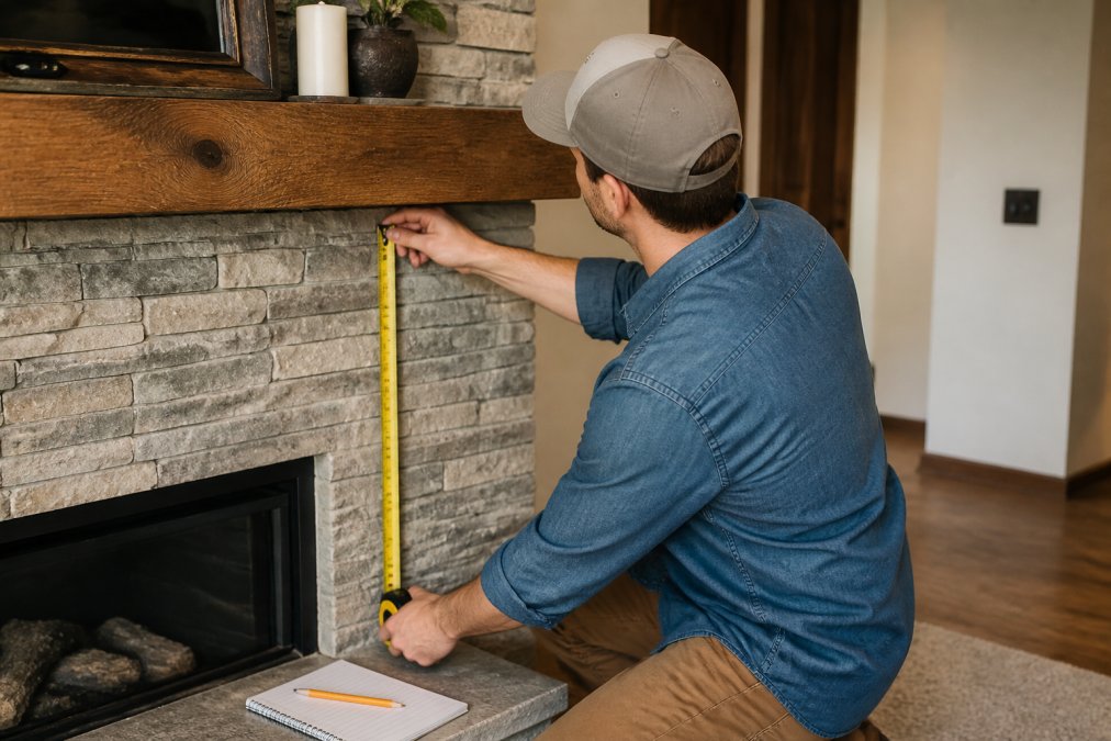 A homeowner using a tape measure to check the vertical distance between a fireplace mantel and the top of a firebox opening, with a notepad and pencil on the hearth nearby