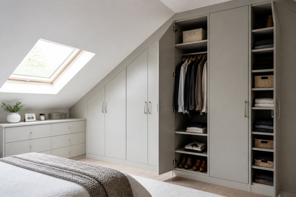 A bright loft bedroom with bespoke fitted wardrobes built into a sloping ceiling, showing angled doors and floor-to-ceiling storage that follows the roofline, natural light from a skylight, neutral tones, and a neatly organised interior with shelves and hanging rails visible