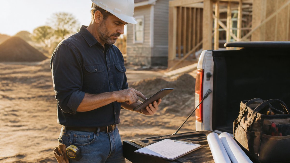 Contractor reviewing fixed monthly bookkeeping reports on a tablet at a construction site