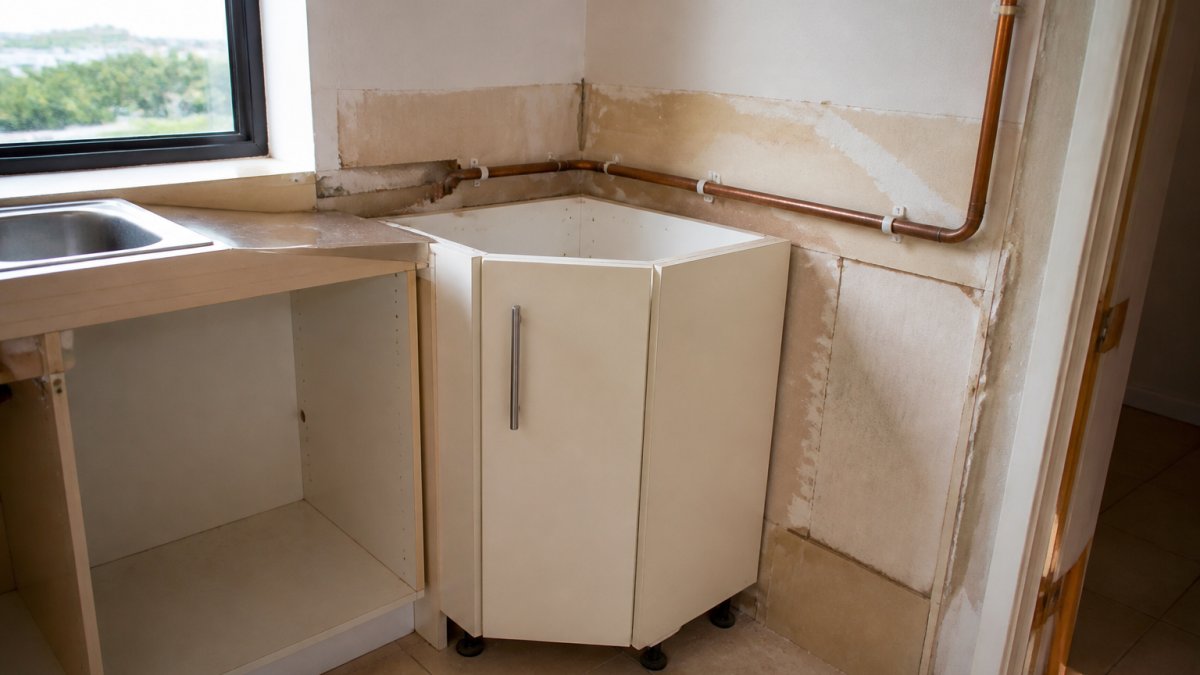 A kitchen corner with an angled wall and exposed copper pipework, showing a standard flat-pack cabinet sitting awkwardly with visible gaps and filler strips around the edges, natural daylight from a nearby window