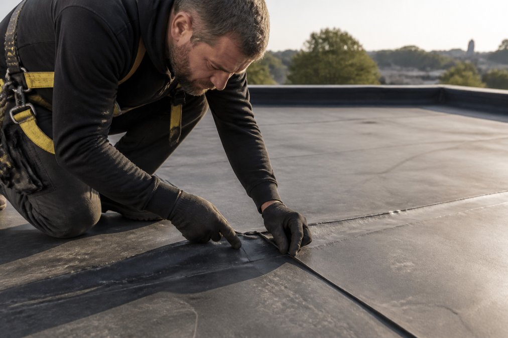 Professional roofer in safety harness inspecting flat roof seams closely, checking for cracks and separation along membrane overlaps, with morning sunlight casting shadows on the EPDM surface