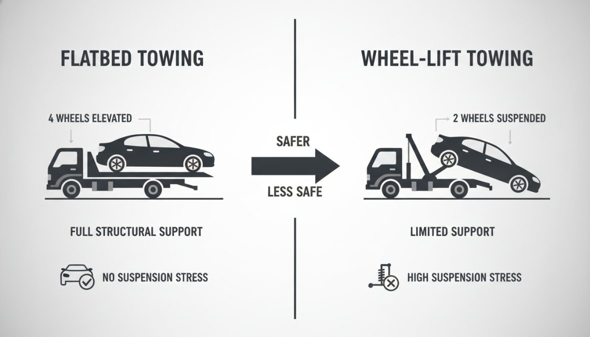 Visual comparison chart showing why flatbed towing is safer