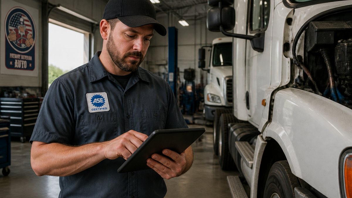 ASE-certified technician reviewing fleet maintenance records on a tablet next to a commercial vehicle
