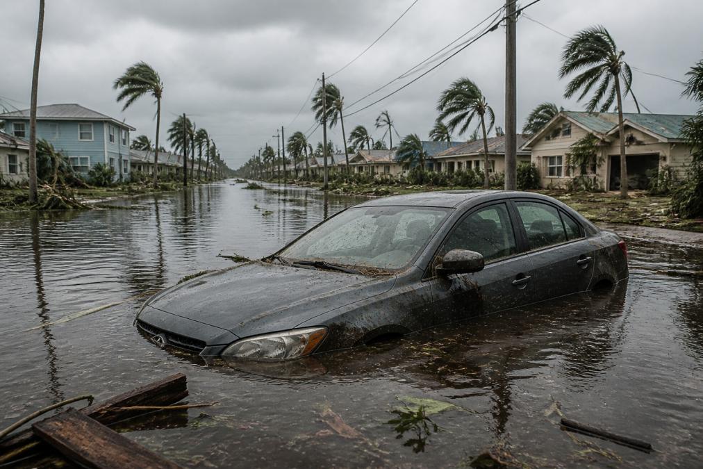 Damaged vehicle partially submerged in floodwater on a residential street after a hurricane, with debris scattered around and gray storm clouds overhead