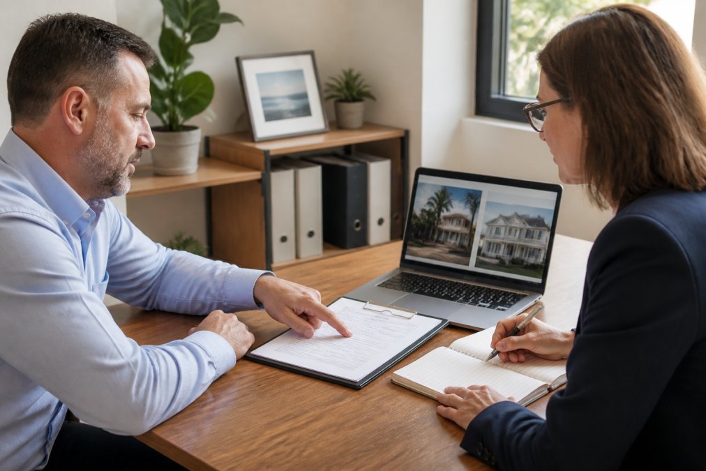 A business owner and insurance agent reviewing policy documents at a desk in a bright office, with a laptop showing property images and a notepad nearby