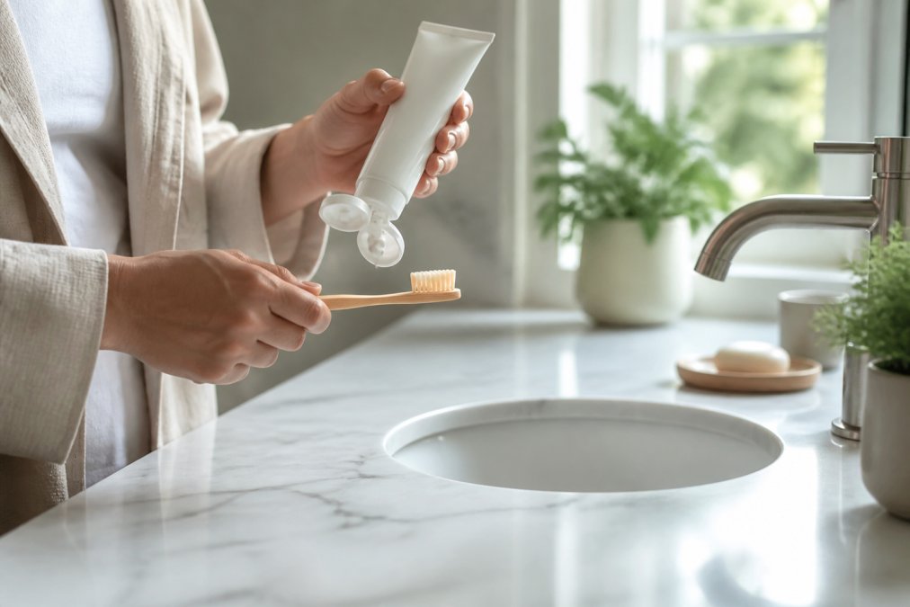 Close-up of a person holding a toothpaste tube over a clean bathroom counter, soft morning light through a window, calm daily routine