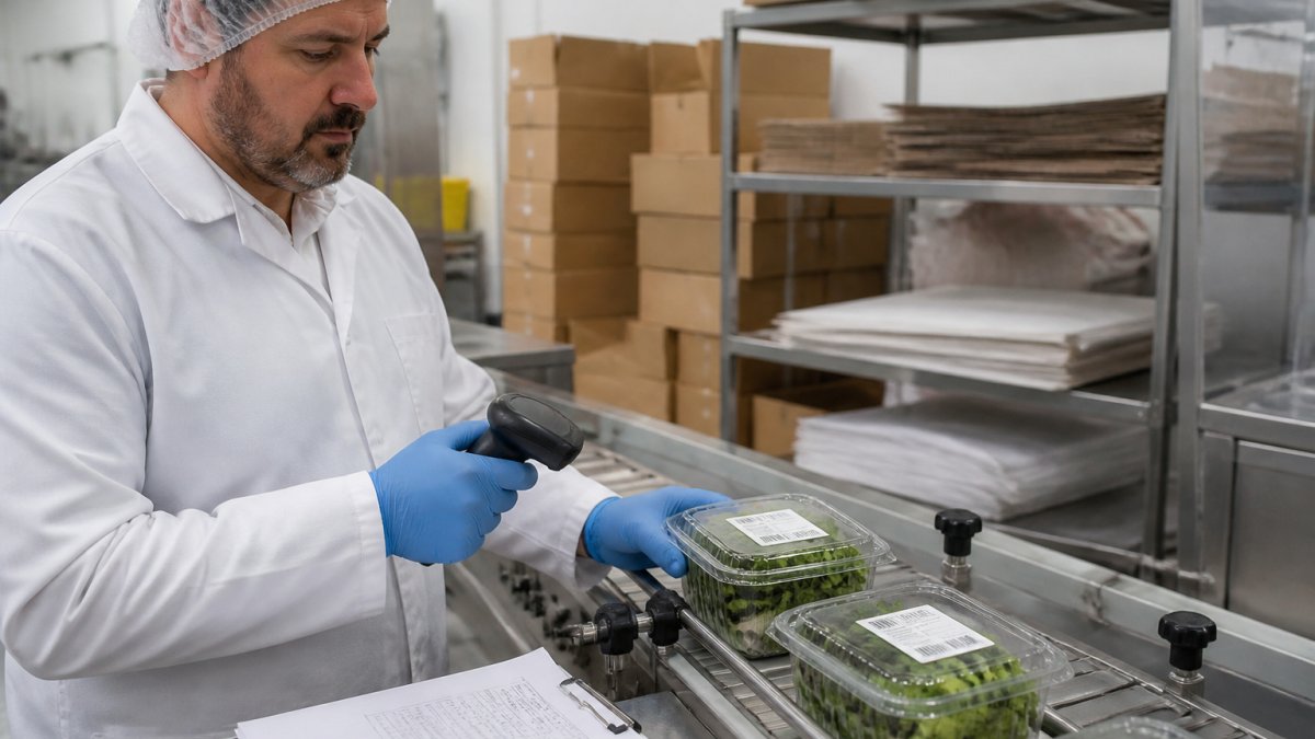 Worker scanning barcodes on packaged goods to ensure a reliable food traceability supply chain in a factory.