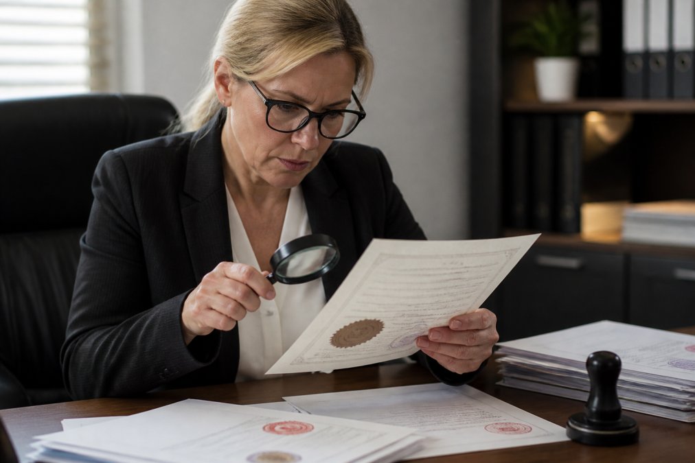 Notary public examining a foreign document with magnifying glass, reviewing official seals and signatures at a desk with certification stamps visible under bright office lighting