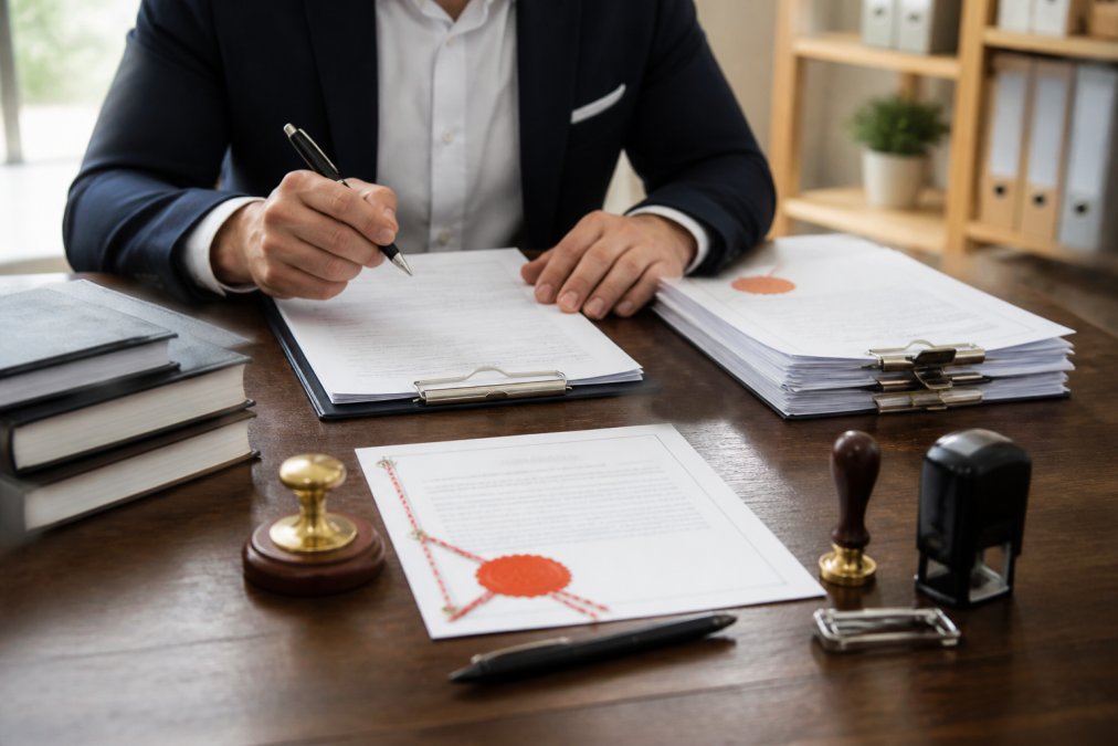 Business professional at desk reviewing corrected documentation with a checklist, preparing documents for resubmission with proper notarial certification and official seals visible