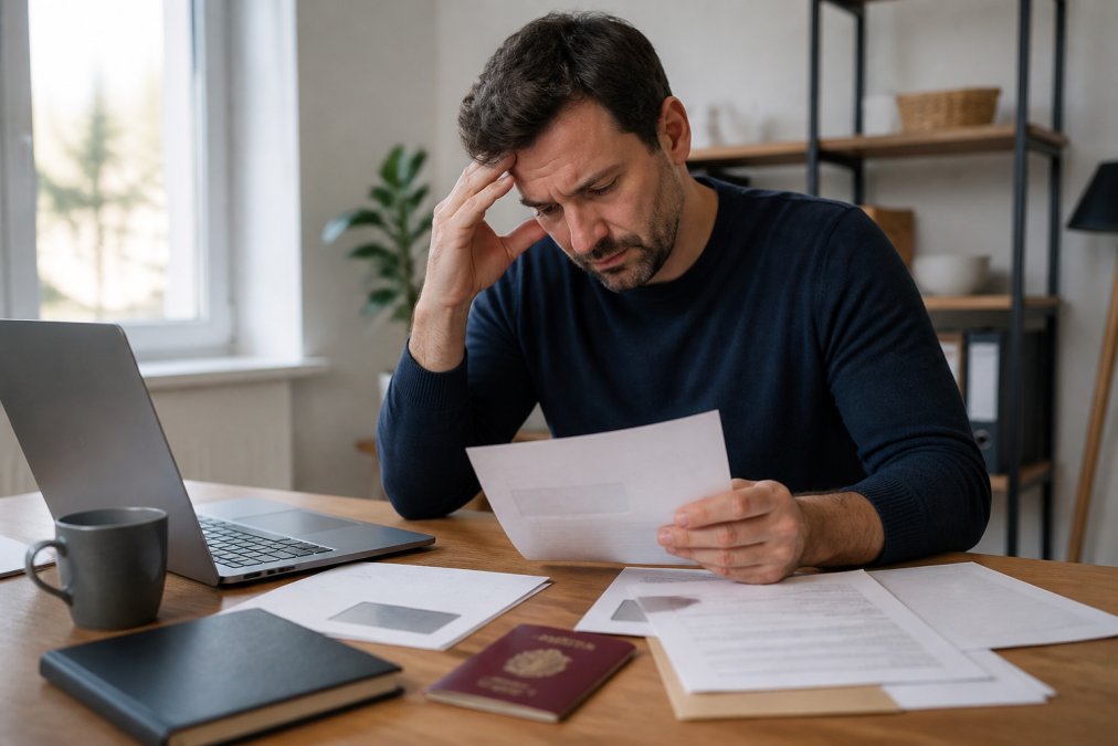 A foreign entrepreneur sitting at a desk with a laptop, German bank correspondence and a passport spread out, looking frustrated while reviewing account rejection paperwork