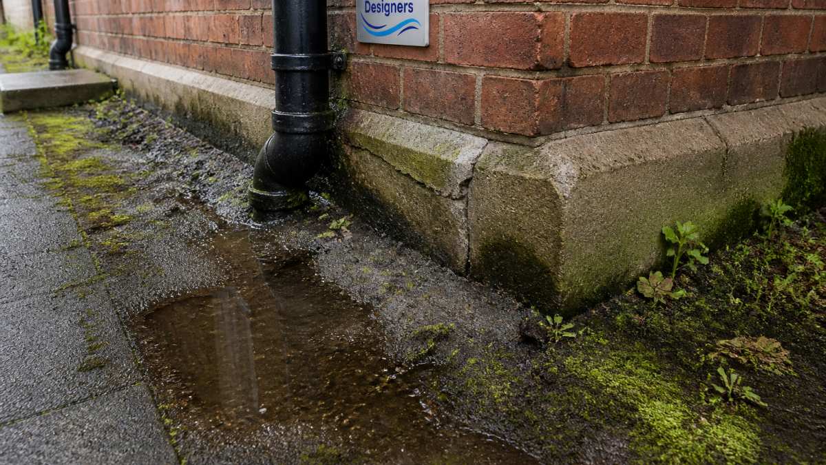 Close-up of damp patches and slight water pooling visible on ground near the foundation of an older brick property, with discoloured soil and moss growth