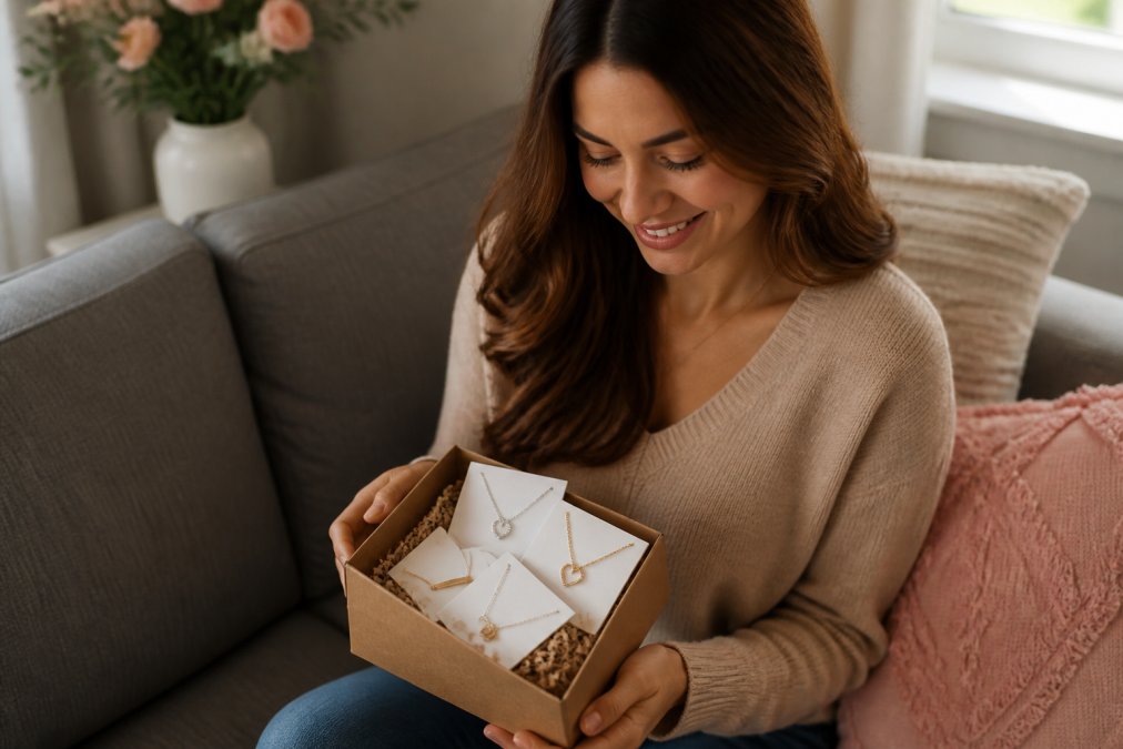 Close-up of hands holding a smartphone displaying a personalized gift shopping cart with multiple items, customer smiling while reviewing order total before checkout with natural lighting