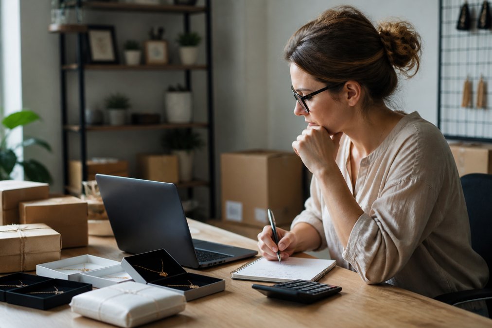 E-commerce manager or small business owner sitting at desk with laptop open, notebook with calculations visible, calculator nearby, reviewing shipping and business metrics on screen with natural office lighting