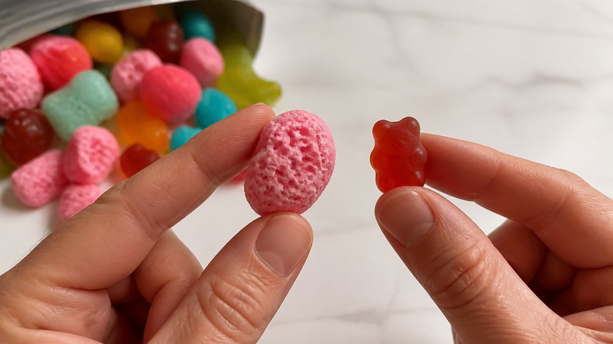 Comparison showing the porous texture of freeze-dried candy versus a standard gummy candy