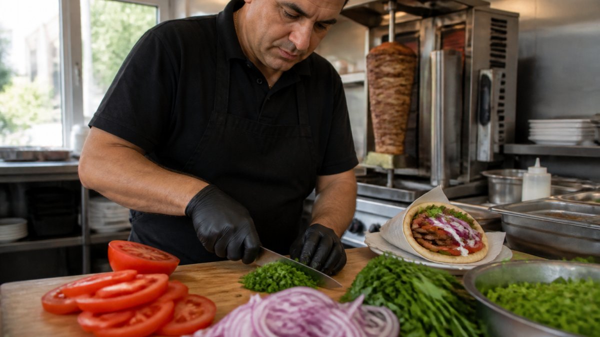 Close-up of fresh, vibrant tomatoes, sliced red onions, and chopped herbs arranged on a wooden cutting board, with a finished gyro in the background
