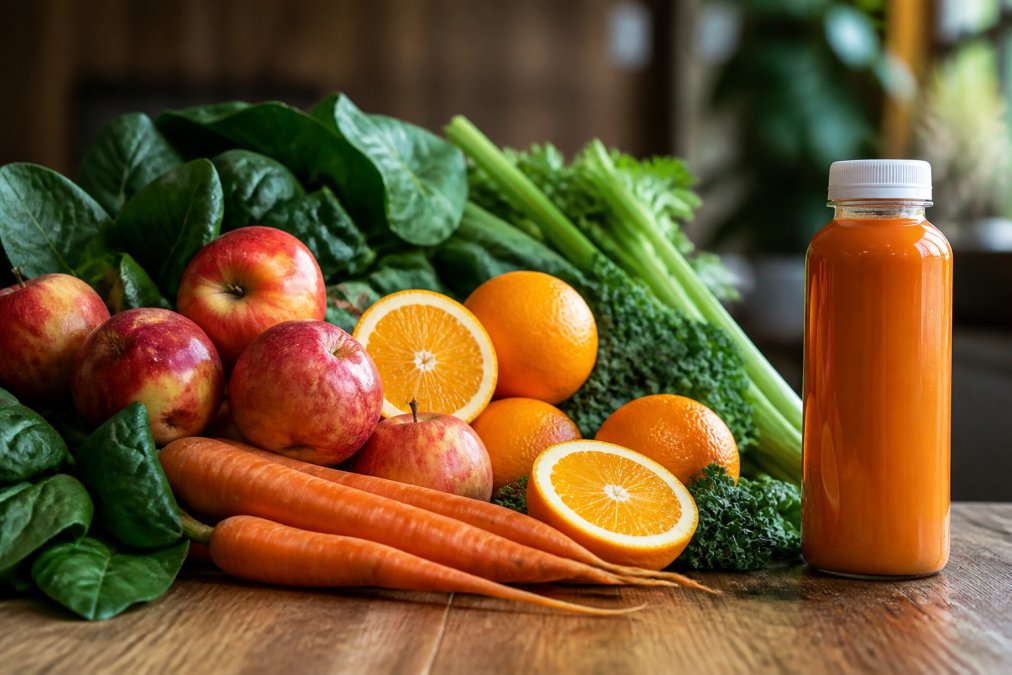 Close-up of fresh produce, vibrant apples, orange carrots, dark leafy greens, and bright citrus, arranged on a wooden surface next to a full 16-ounce juice bottle, showing the striking volume contrast